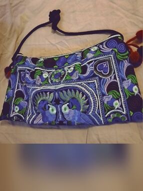 Cute Embroidered Blue Green Fabric Purse Bag Tapestry Bag Let's Go Out